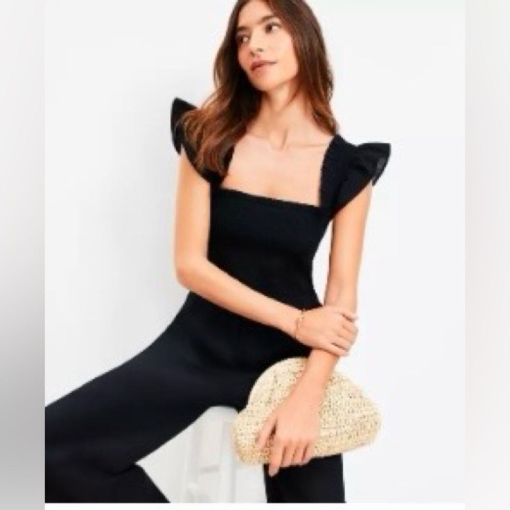 LOFT Beach Ruched Wide Leg Jumpsuit for Black with pockets. 100% cotton - Picture 14 of 14